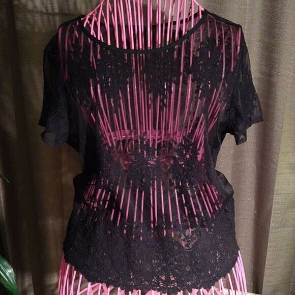 Forever 21 Black Sheer Lace Short sleeve crop top - Picture 1 of 7